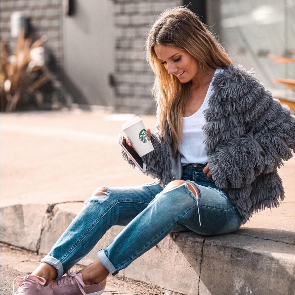 Gray Women's Fringe Jacket shaggy faux faux fur jacket blazer